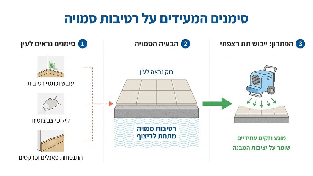 סימני רטיבות ועובש מעל פאנלים בקיר המעידים על מים תחת הריצוף
