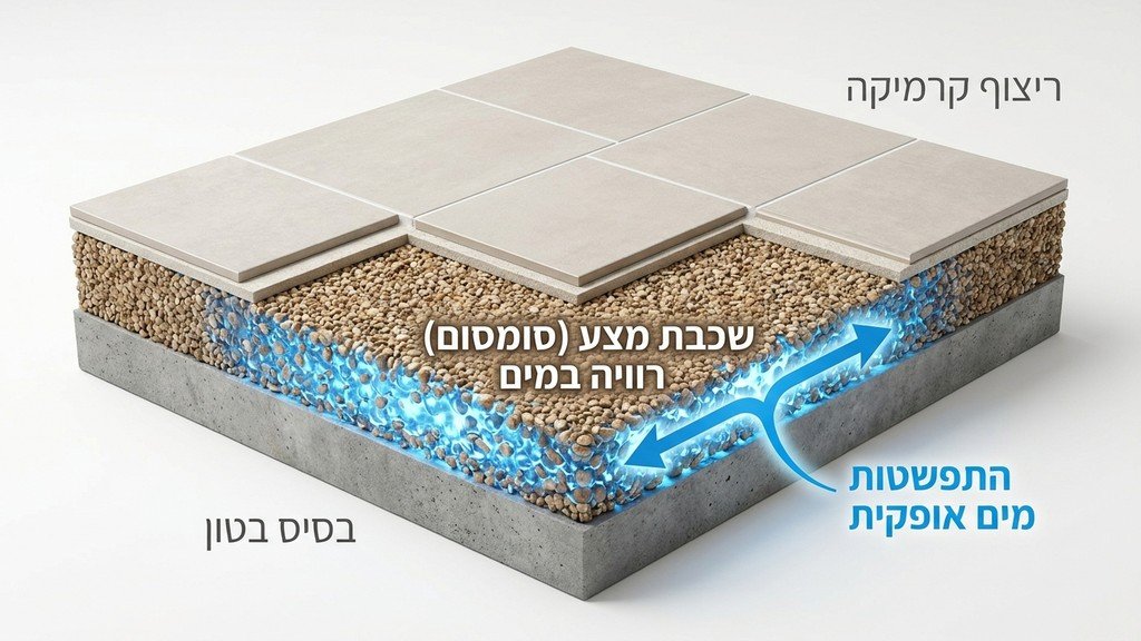 אילוסטרציה תלת ממדית של התפשטות מים בשכבת הסומסום מתחת לריצוף