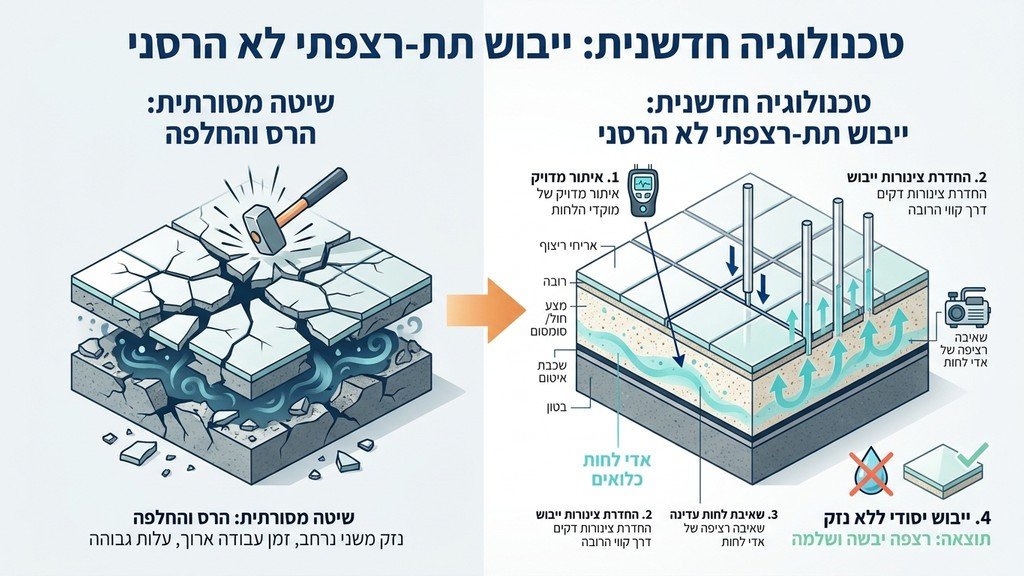 צינורות דקים המוחדרים לחריצי הריצוף ללא שבירת אריחים