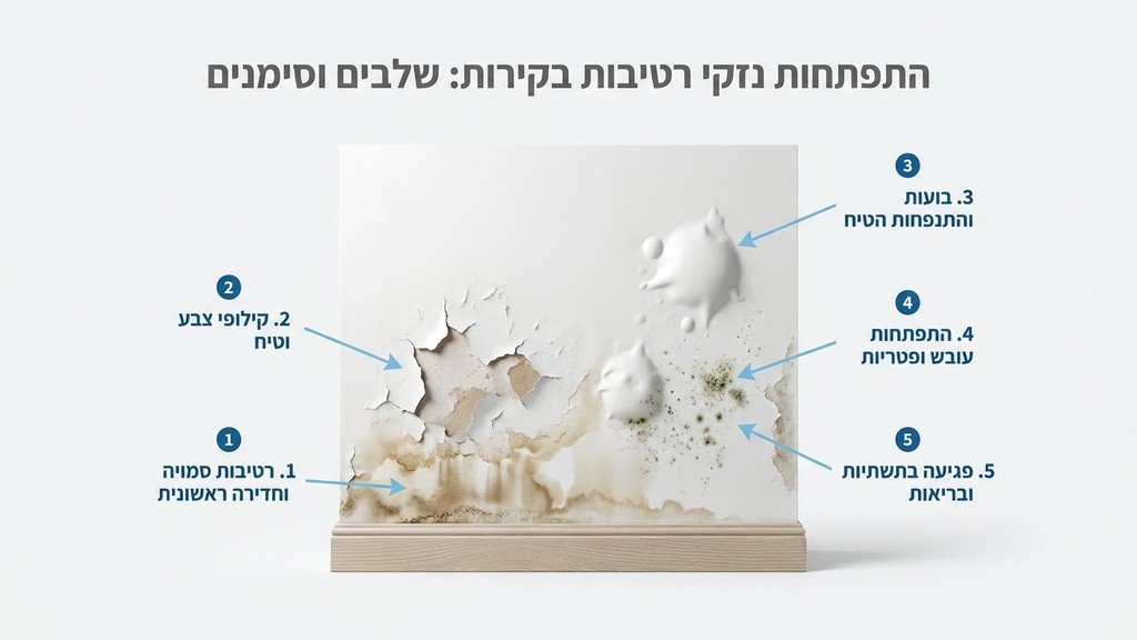 קיר מתקלף עם סימני רטיבות ועובש עקב נזקי מים