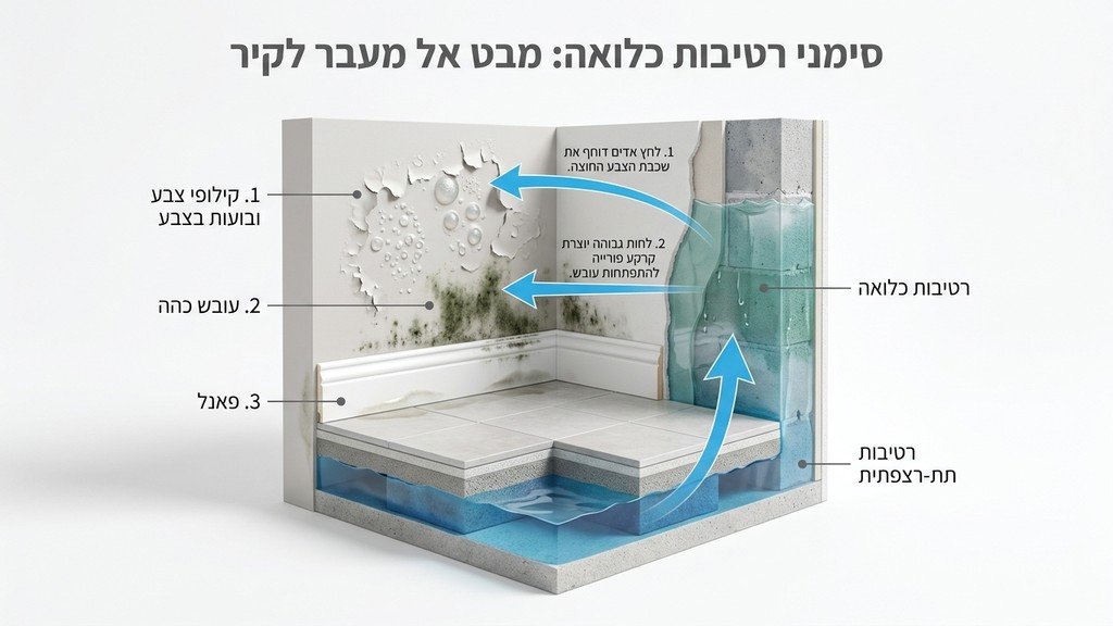 קיר עם קילופי צבע ועובש כתוצאה מרטיבות כלואה