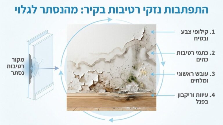 נזקי רטיבות והתקלפות צבע בקיר מבנה