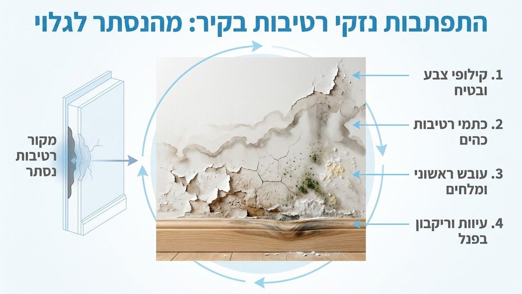נזקי רטיבות והתקלפות צבע בקיר מבנה