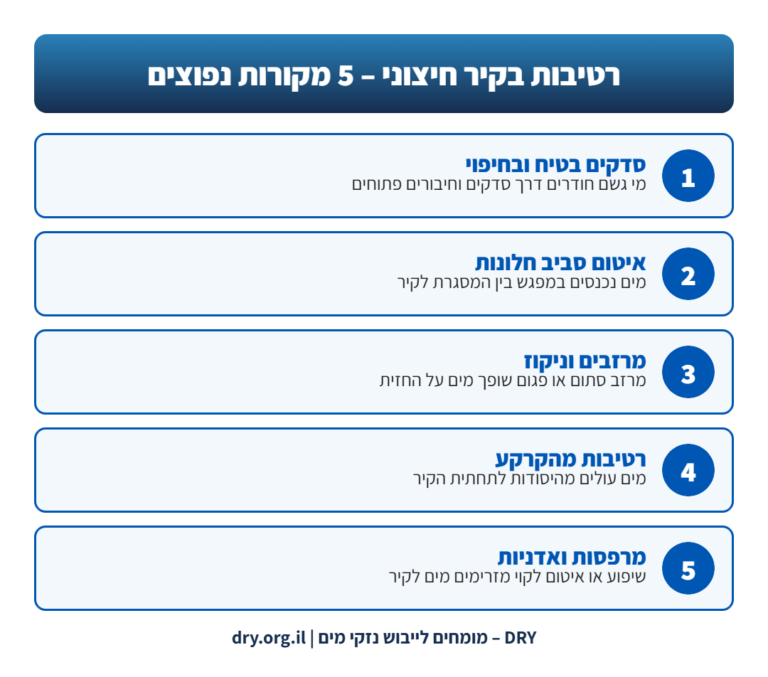 אינפוגרפיקה: 5 מקורות נפוצים לרטיבות בקיר חיצוני – סדקים בטיח, איטום חלונות, מרזבים, רטיבות מהקרקע, מרפסות ואדניות