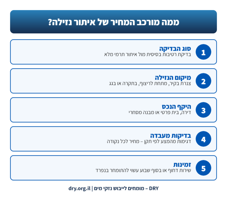אינפוגרפיקה: 5 גורמים שקובעים כמה עולה איתור נזילות – סוג הבדיקה, מיקום הנזילה, היקף הנכס, בדיקות מעבדה וזמינות